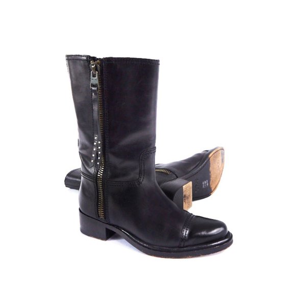 Coach Short Double Zip Black Leather Biker Boots